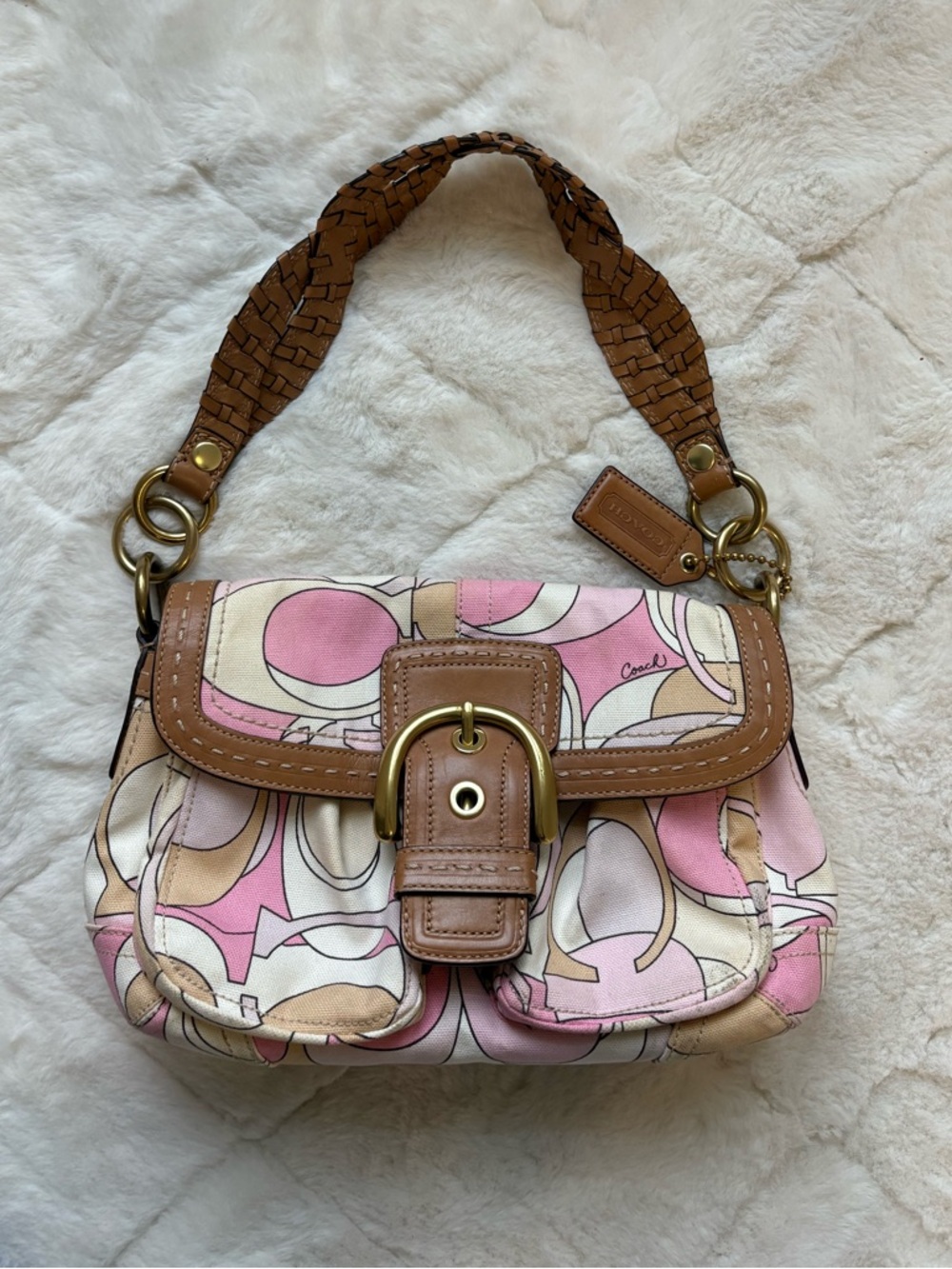 ‼️Rare‼️ Coach Pink, Cream & Tan Signature Canvas Shoulder Buckle Bag